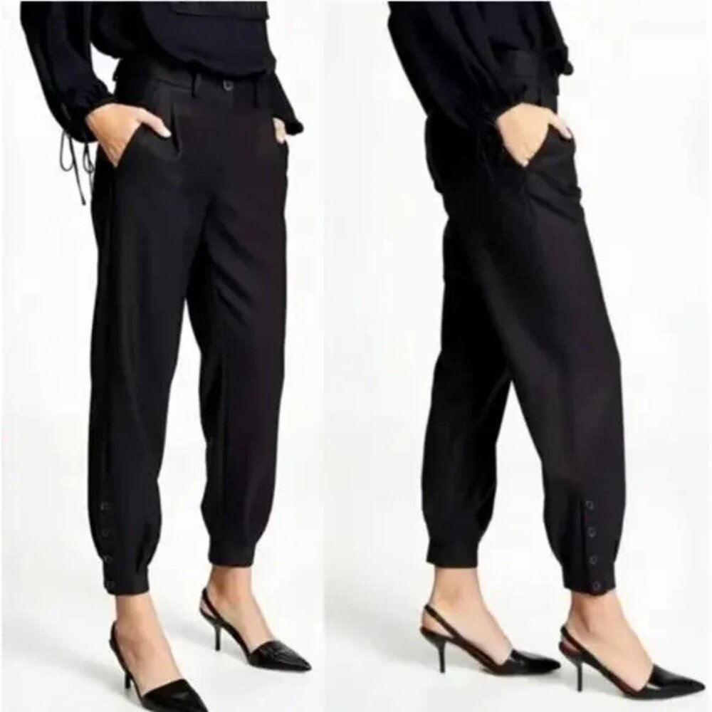 Nili Lotan Bertina Silk Black Button Jogger Pants Pleated
